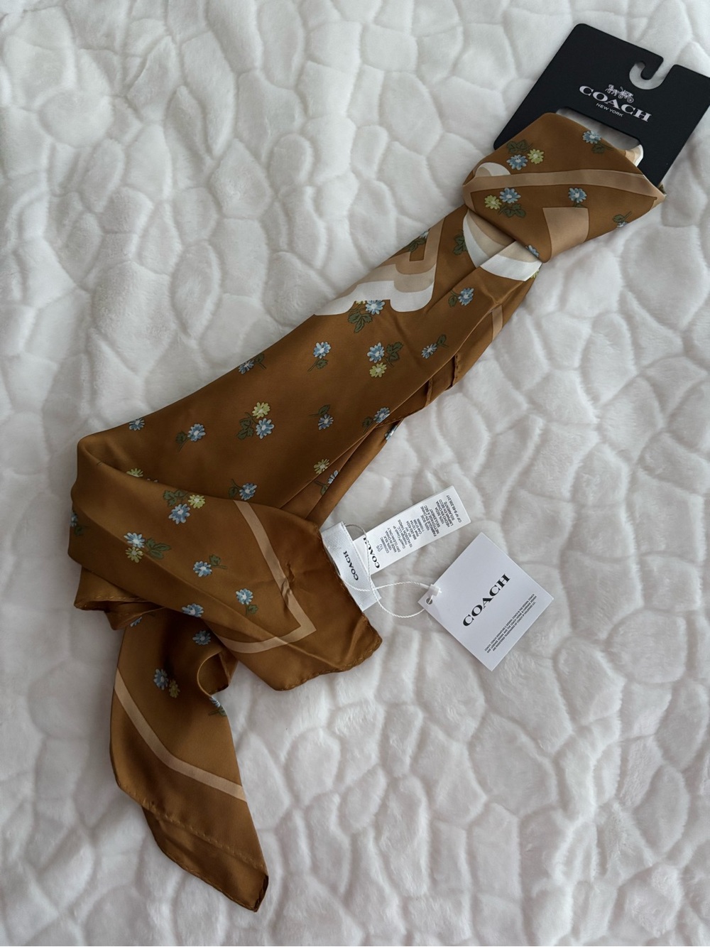 COACH Brown Floral Silk Neck Scarf with Blue and Yellow Accents